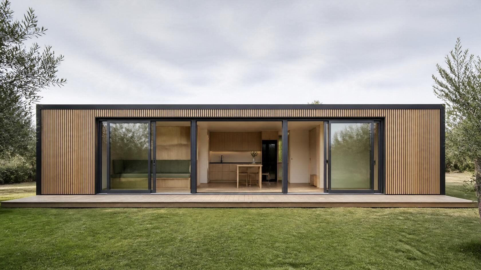 Casa modular CUBOLAR 01 com revestimento de ripado de madeira e grandes portas de correr envidraçadas abertas sobre um deck, num relvado com oliveiras